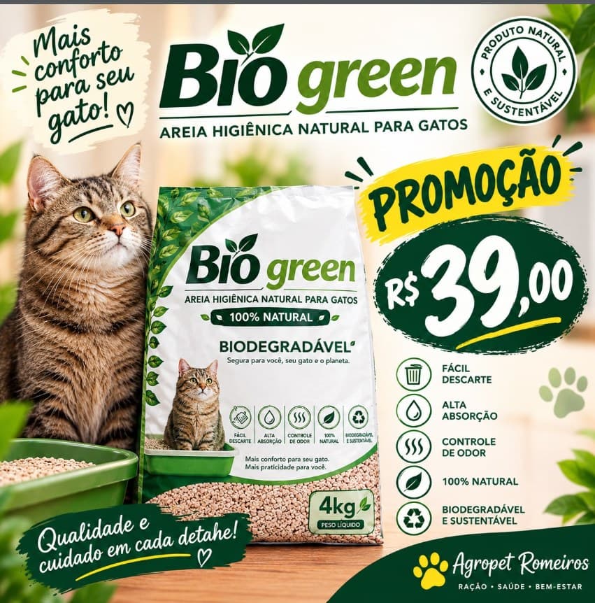 Areia higiênica natural para gatos Bio Green